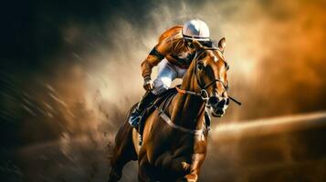 een jockey en paard racing in beweging foto
