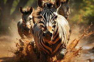 twee zebra's rennen Aan de grond in de Afrikaanse struik foto