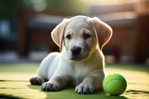 hond nemen uit zijn riem en spelen met groen bal foto