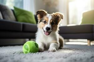 hond nemen uit zijn riem en spelen met groen bal foto