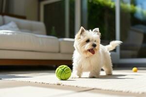 hond nemen uit zijn riem en spelen met groen bal foto