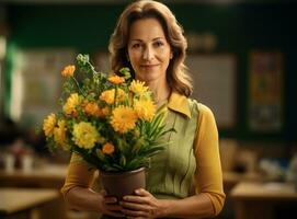 gelukkig mooi leraar met bloemen foto