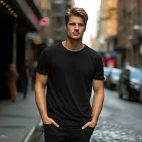 Mens in zwart t-shirt mockup poseren in de straat foto