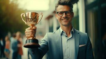 succes zakenman Holding trofee met stralend glimlach foto