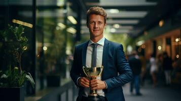 succes zakenman Holding trofee met stralend glimlach foto