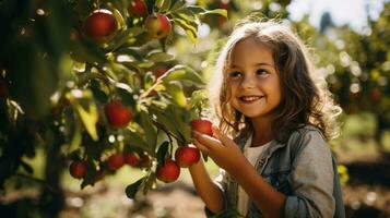 meisje plukken appels in boomgaard met hond foto