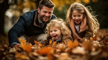 familie spelen in bladeren in achtertuin foto