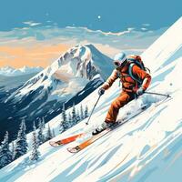 Mens skiën naar beneden besneeuwd berg foto