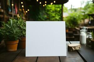 wit duidelijk papier mockup Aan houten tafel, cafe restaurant interieur, ai gegenereerd foto