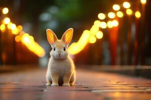 detailopname van schattig konijn met mooi bokeh achtergrond, generatief ai illustratie foto