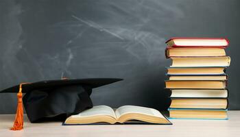 arrangement van verschillend boeken Aan tafel met diploma uitreiking pet Aan zwart schoolbord achtergrond foto