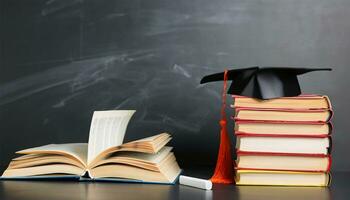 arrangement van verschillend boeken Aan tafel met diploma uitreiking pet Aan zwart schoolbord achtergrond foto