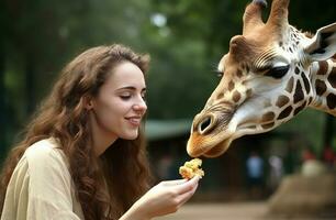 meisje feeds giraffe met voedsel. genereren ai foto