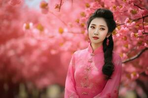 Chinese meisje bloesem voorjaar tuin. genereren ai foto