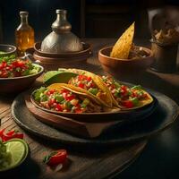 Mexicaans taco's Aan een bord met een kom van Salsa, ai generatief foto