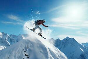 vliegend skiër Aan bergen. extreem winter sport. 3d weergave, extreem skiën en jumping Aan de sneeuw, achterzijde visie, Nee zichtbaar gezichten, ai gegenereerd foto