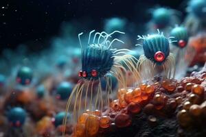 3d illustratie van een groep van micro-organismen in een marinier omgeving, onderzoeken de schoonheid van de microscopisch wereld met verbijsterend afbeeldingen, ai gegenereerd foto