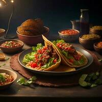 Mexicaans taco's Aan een bord met een kom van Salsa, ai generatief foto