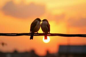 tortelduifjes silhouet Aan draad, wazig zonsondergang een romantisch vogel omhelzing ai gegenereerd foto