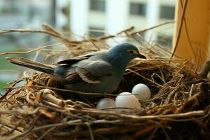 een boom Afdeling wiegen een nest met twee ekster Robin eieren ai gegenereerd foto