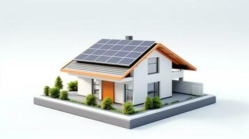 miniatuur huis model- met zonne- paneel Aan dak Aan wit achtergrond. generatief ai foto