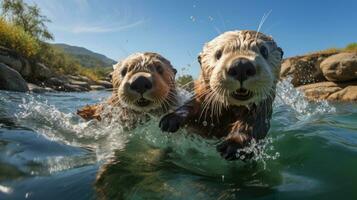zee otters dartelen in oceanisch gelukzaligheid spleet visie beeldt af afgelegen tropisch heiligdom foto