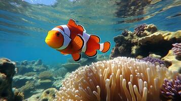 clown vis vermaken te midden van anemonen spleet visie straalt uit met eiland met strand en handpalmen weelderig tropisch verleiden foto