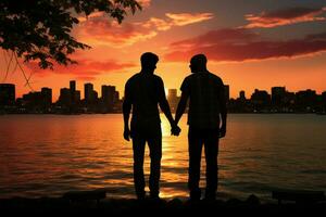 tegen de zonsondergang stad door de zee, twee homo mannen vieren, Holding handen ai gegenereerd foto