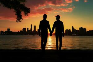 aftekenen homo paar houdt handen, Vrolijk, door de avond zeeën zonsondergang stadsgezicht ai gegenereerd foto