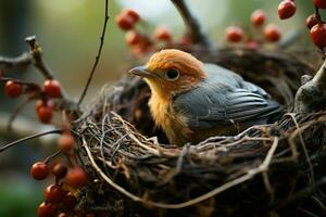 aard kinderkamer een vogelstand nest voorzichtig gewiegd in een boom ai gegenereerd foto