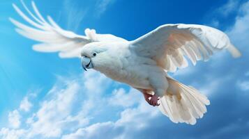 een groot wit vogel vliegend door een blauw lucht, generatief ai foto