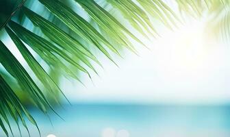 ai generatief. detailopname van palm blad met wazig tropisch strand. gemaakt met ai foto