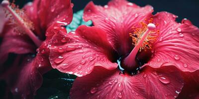 ai generatief. detailopname hibiscus met druppels water behang. gemaakt met ai gereedschap foto