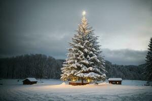 rustig winter tafereel met verlichte Kerstmis boom in een besneeuwd Woud ai generatief foto