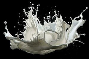 foto vloeiende en spatten vloeistof melk Aan zwart generatief ai