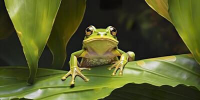 dumpy kikker Aan bladeren, kikker, amfibie, reptiel. generatief ai foto