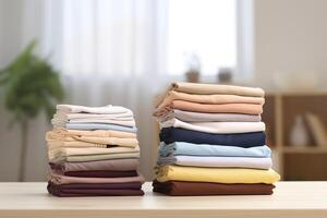 stack van schoon kleren Aan tafel in kamer. generatief ai foto