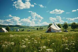 groen veld, helder, realistisch, kort gras, wit tent, ver weg. ai generatief foto