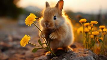 aanbiddelijk konijn snuiven een bloem. foto