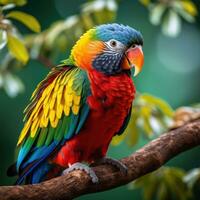 kleurrijk papegaai neergestreken Aan boom Afdeling foto