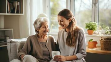 senior geduldig ontvangen zorg van verzorger Bij huis foto