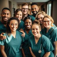 groep van verschillend medisch professionals in scrubs foto