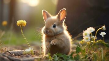 aanbiddelijk konijn snuiven een bloem. foto