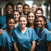 groep van verschillend medisch professionals in scrubs foto