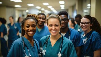 groep van verschillend medisch professionals in scrubs foto