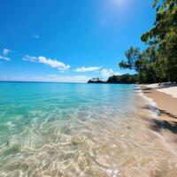 privaat strand met kristal Doorzichtig blauw water foto