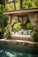elegant zwembad cabanas met weelderig tropisch gebladerte. foto