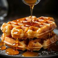 klassiek en pluizig belgisch wafel met siroop foto