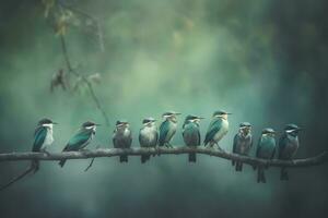 groep van vogelstand Aan een tak, verkoudheid toon. neurale netwerk ai gegenereerd foto