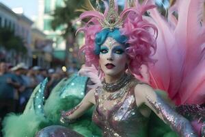 vrouw in veer kostuum Bij carnaval. neurale netwerk ai gegenereerd foto